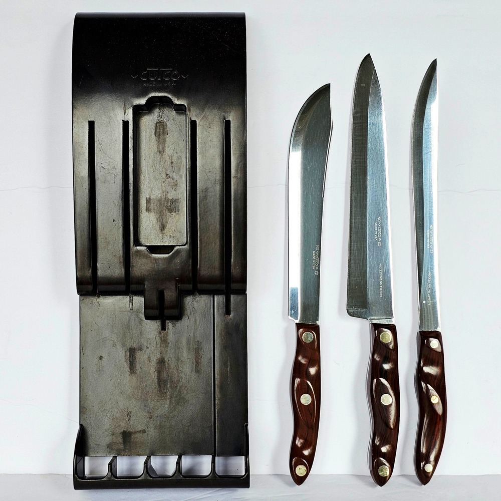 Vintage Cutco Knife Set 22 23 25 Brown Swirl Handle Wall Tray Made in USA Retro
